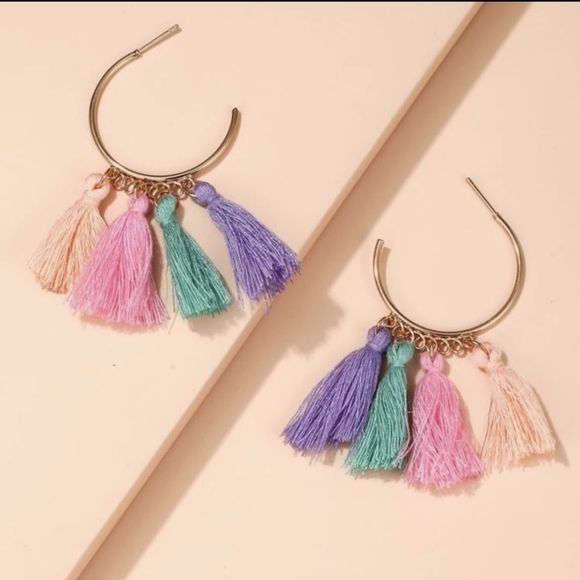 Colorful Boho Tassel Cuff Hoop Earrings - Picture 1 of 4